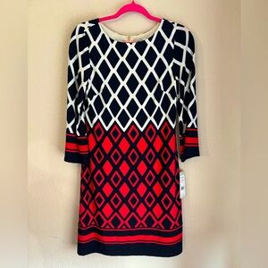 NWT Eliza J Black and Red Geometric Print 3/4 Sleeve Stretch Swing Shift Dress 4